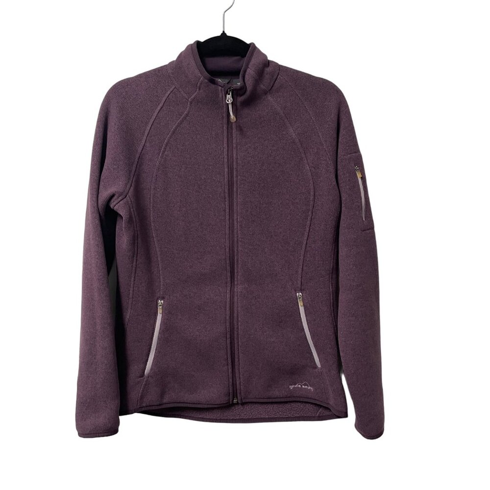 EDDIE BAUER SWEATER FULL ZIP WOMENS L KNIT FLEECE LINED POCKETS COMFORT PURPLE